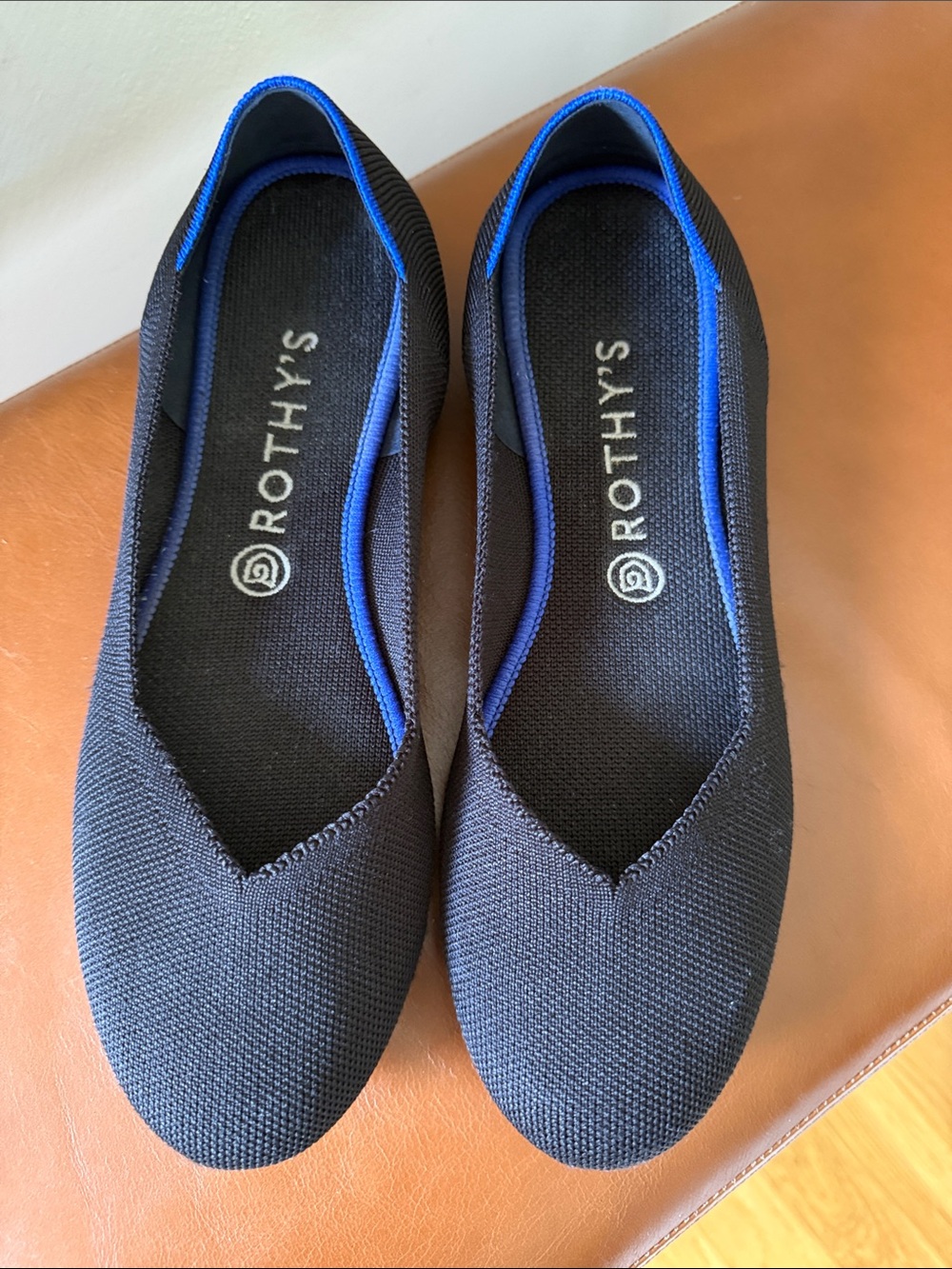 Rothy's Black Knit Slip-On Flats with Blue Trim